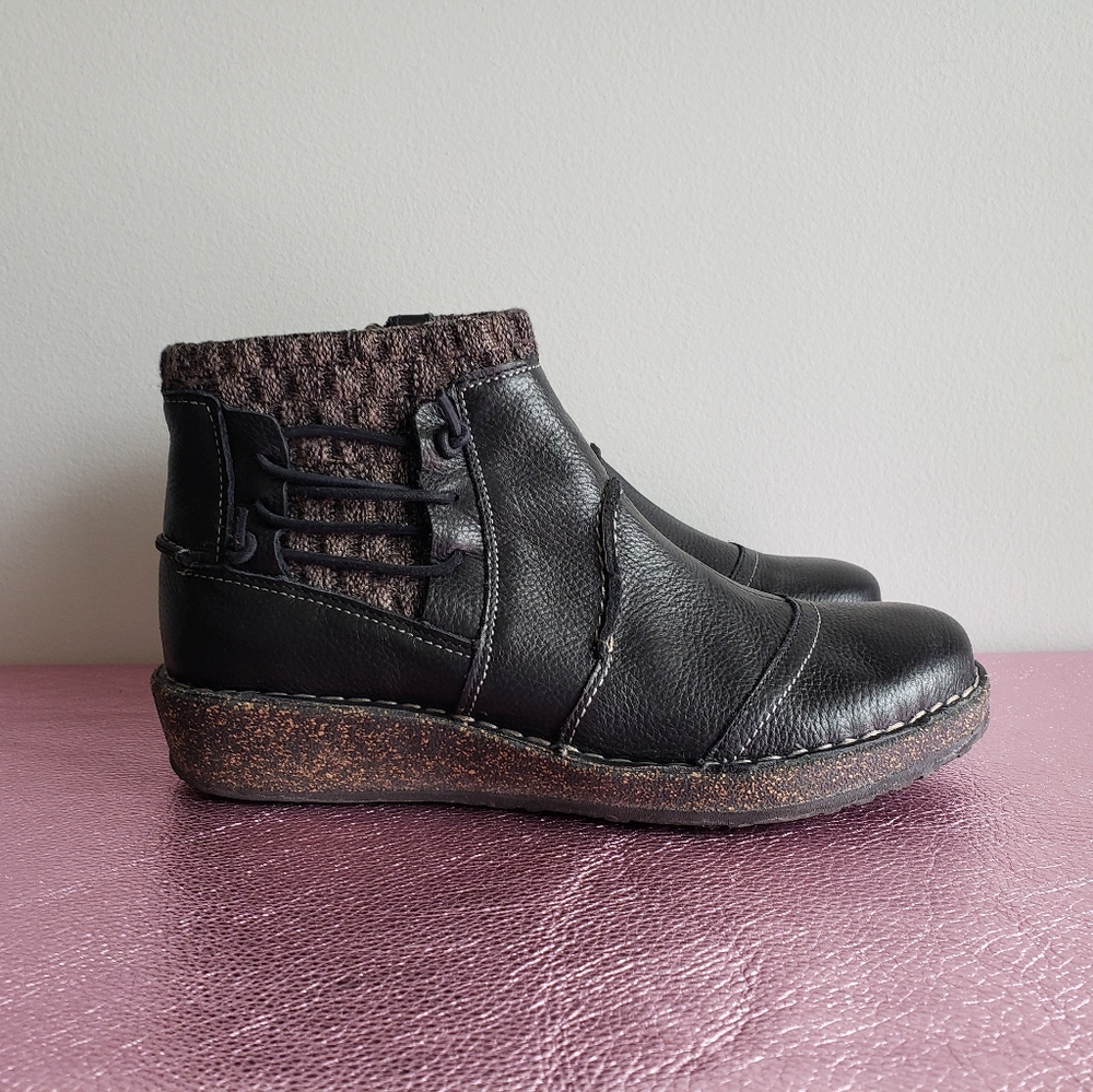 Brown leather and knit boots with elastic detail